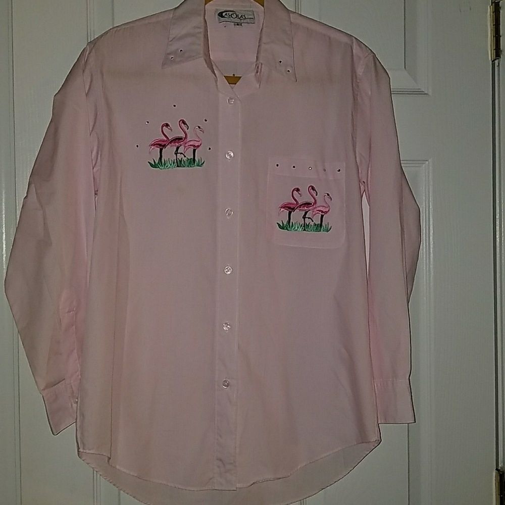 Las Olas pink pinstriped flamingo top Sz S NWOT